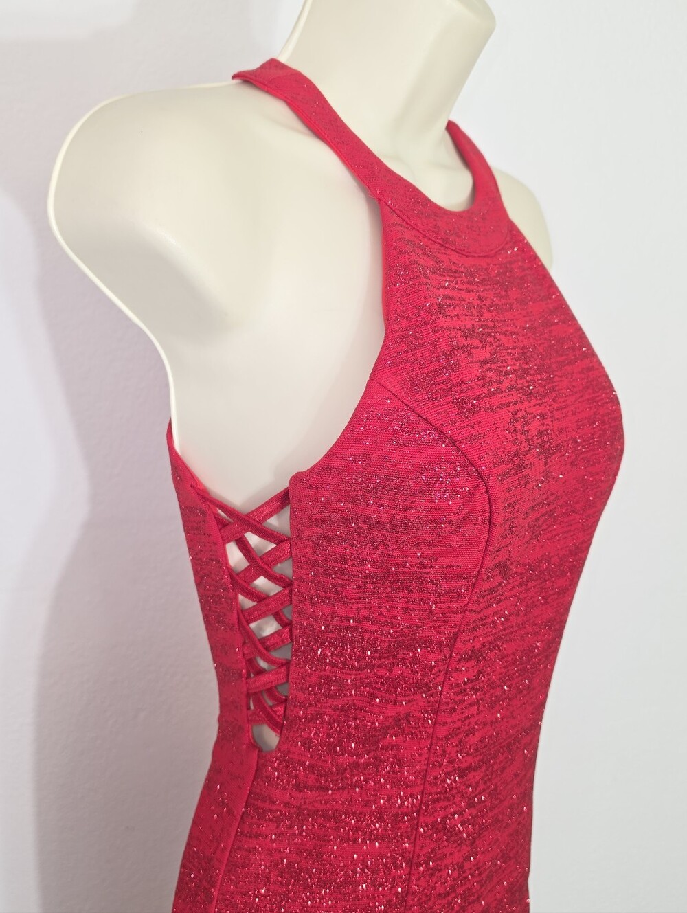 Honey and Rosie Dress Shimmery Halter Neckline Sleeveless Vibrant Red Size S - Picture 2 of 16